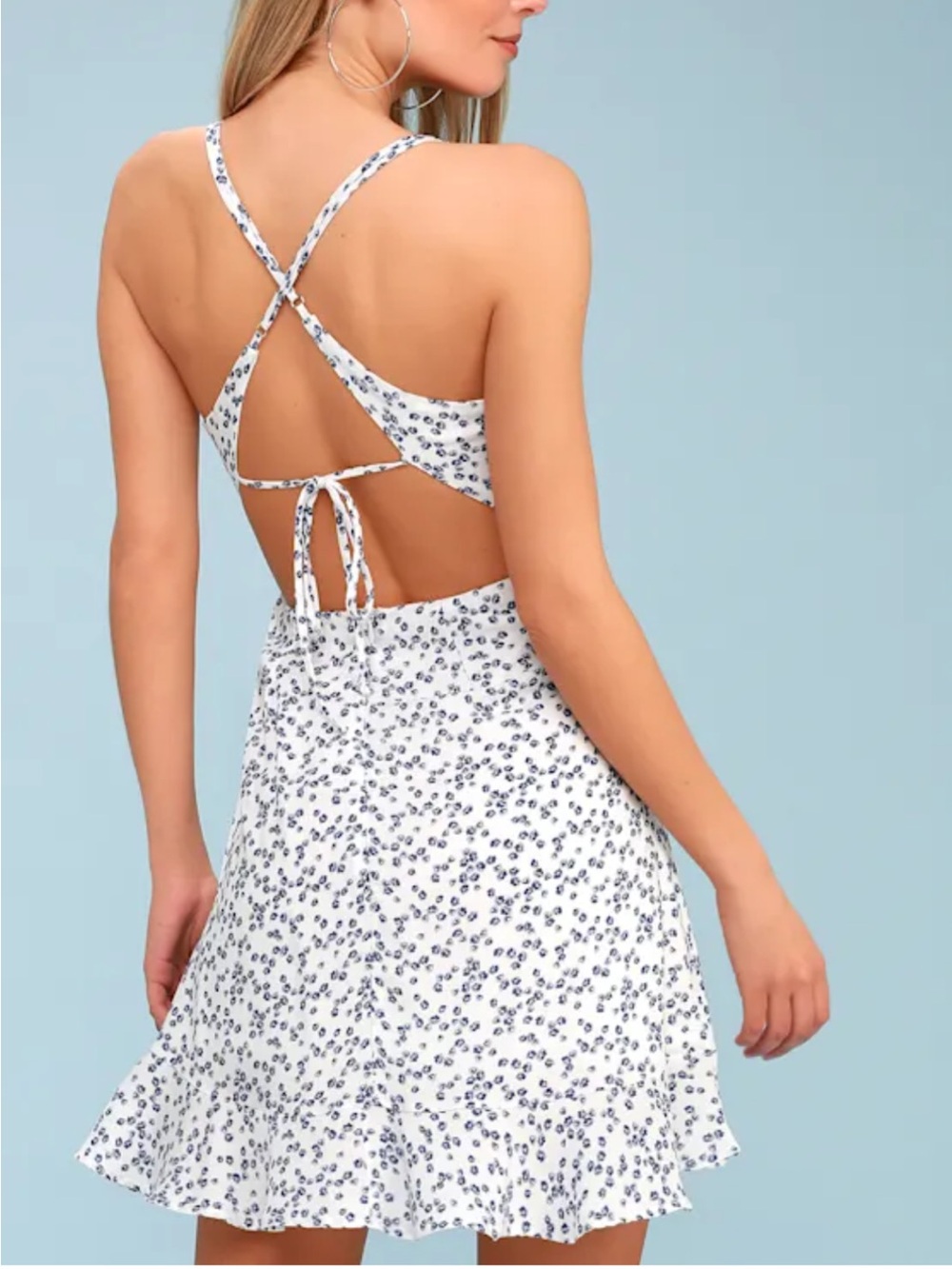 Lulus Pretty Pick Blue White Floral Print Ruffle Mini Dress Open Back Sundress S